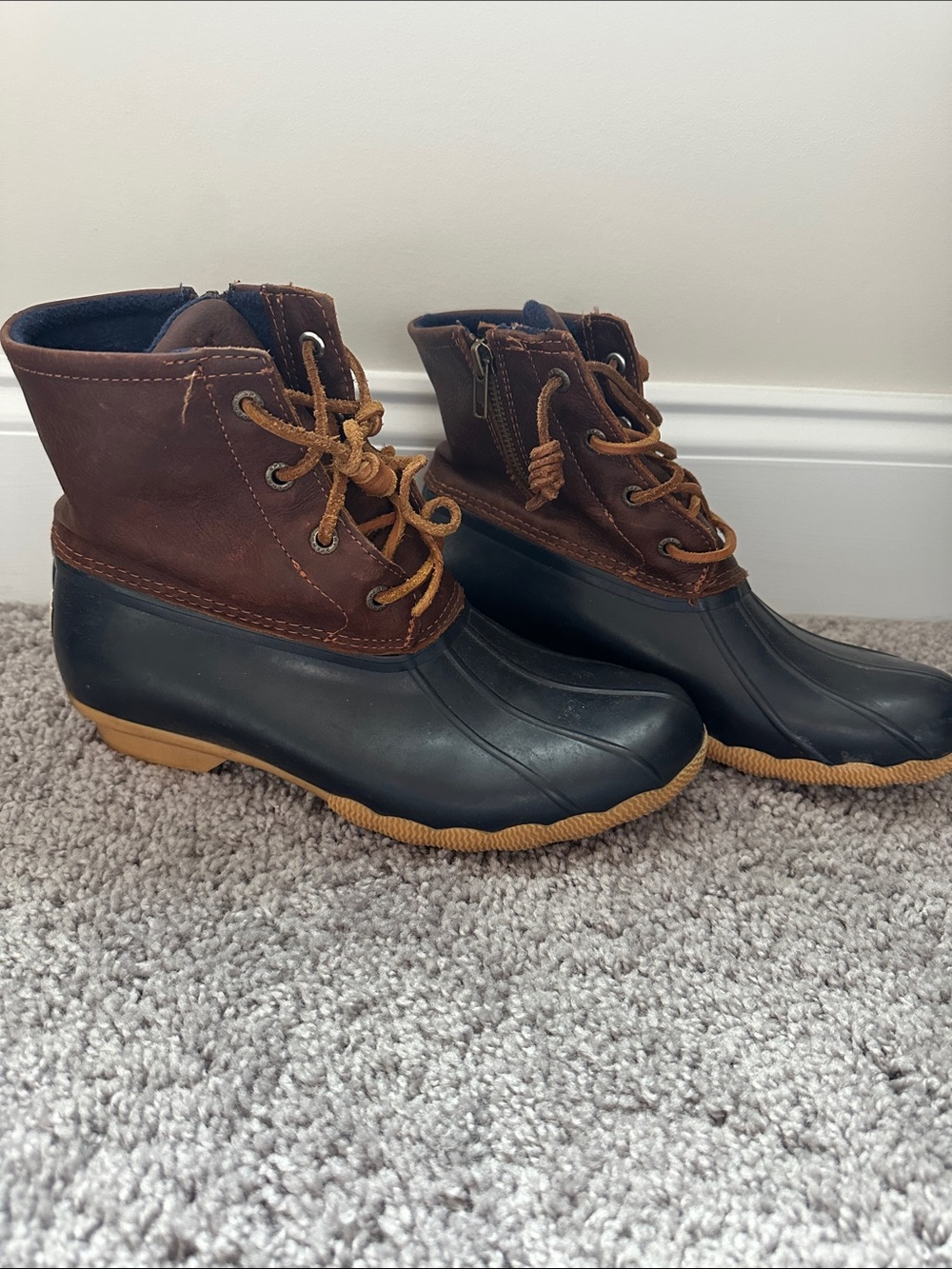 Sperry Brown Leather and Navy Rubber Duck Boots with Tan Soles